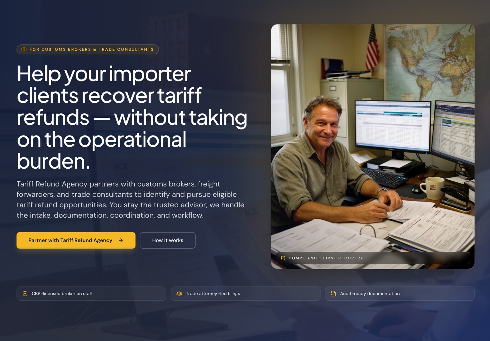 Tariff Refund Agency broker and trade consultant landing page screenshot