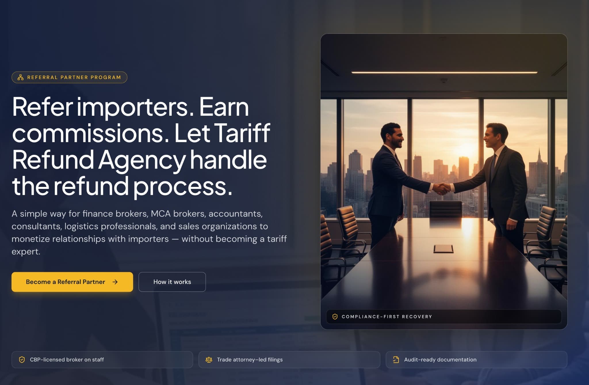 Tariff Refund Agency referral partner landing page screenshot