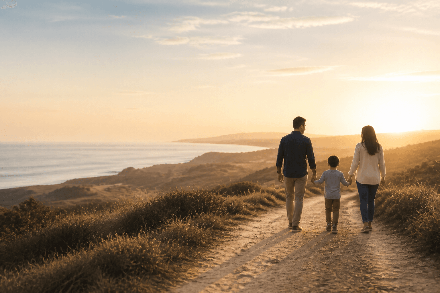 A family walking together toward a warm sunrise on a coastal path