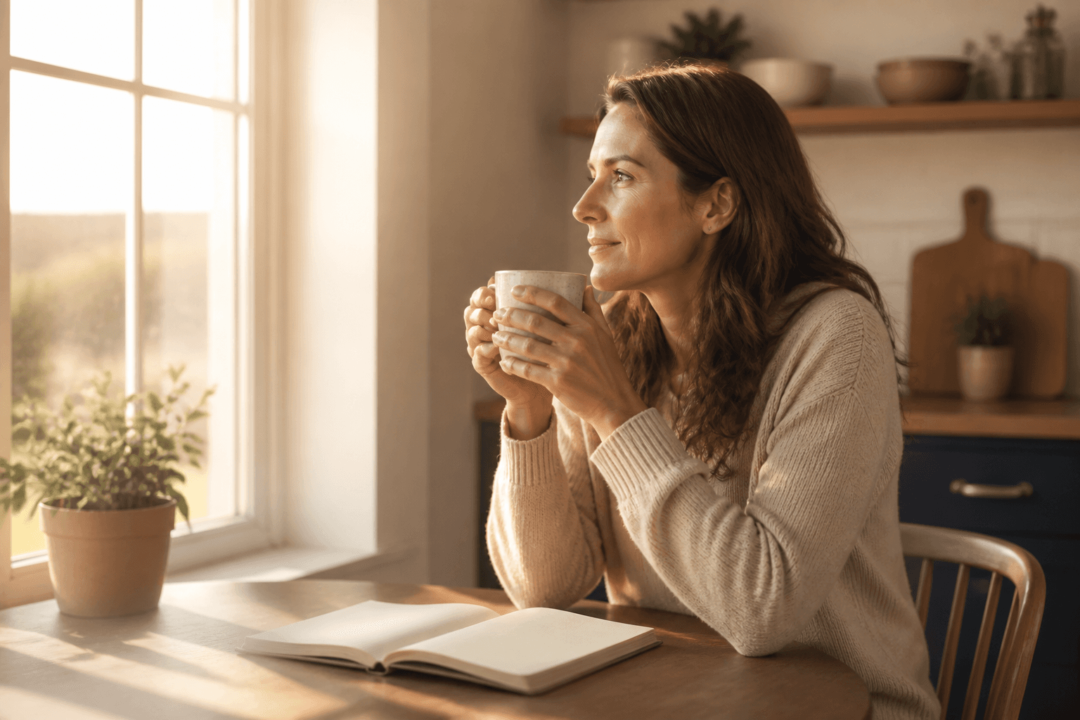 A woman reflecting quietly over a warm drink and an open notebook