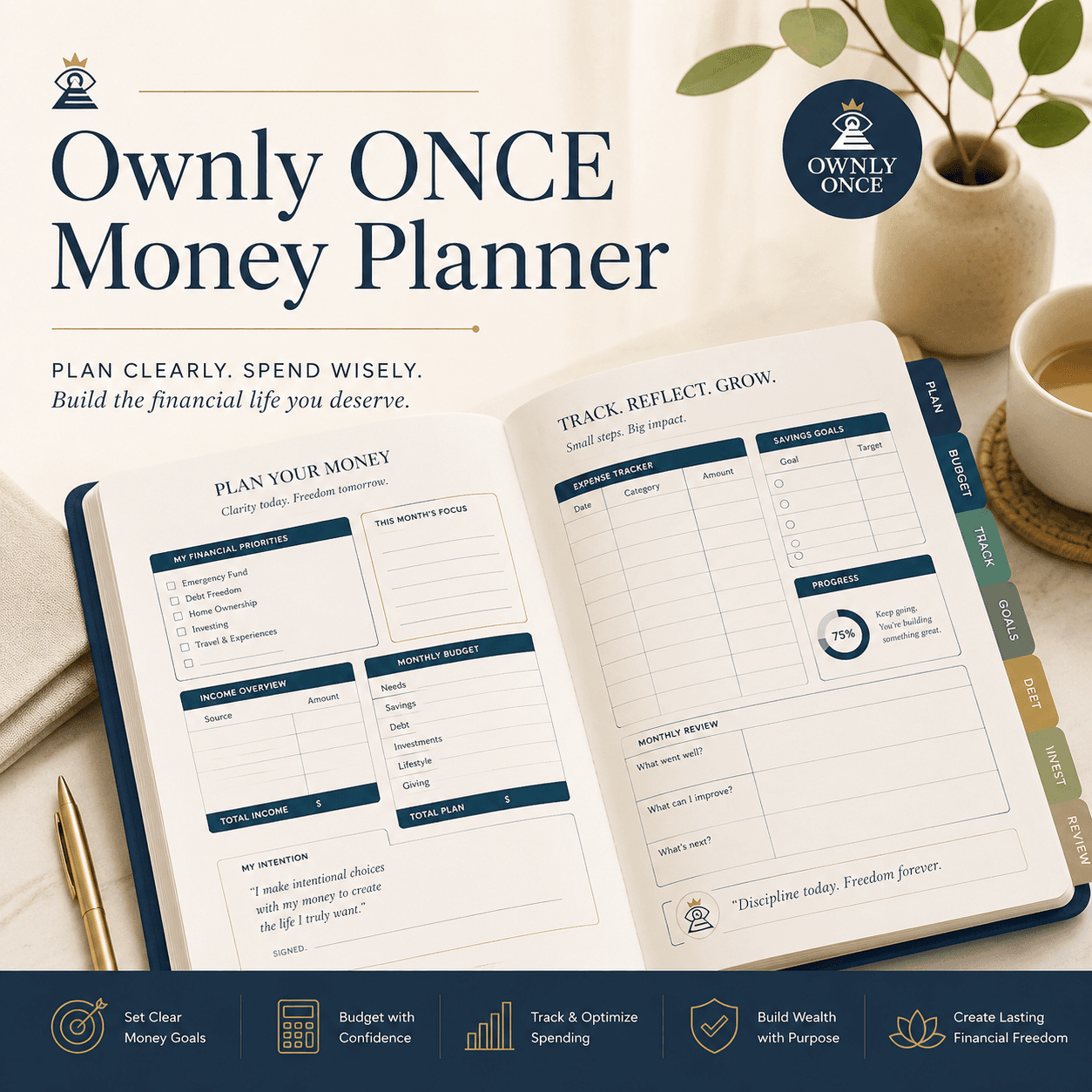 Ownly ONCE Money Planner with a printed planner, monthly pages, and goal-setting tools