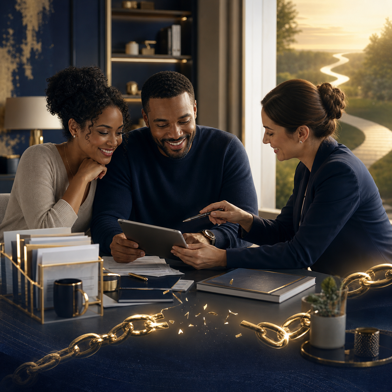 People reviewing credit and debt recovery options in a premium financial marketplace setting