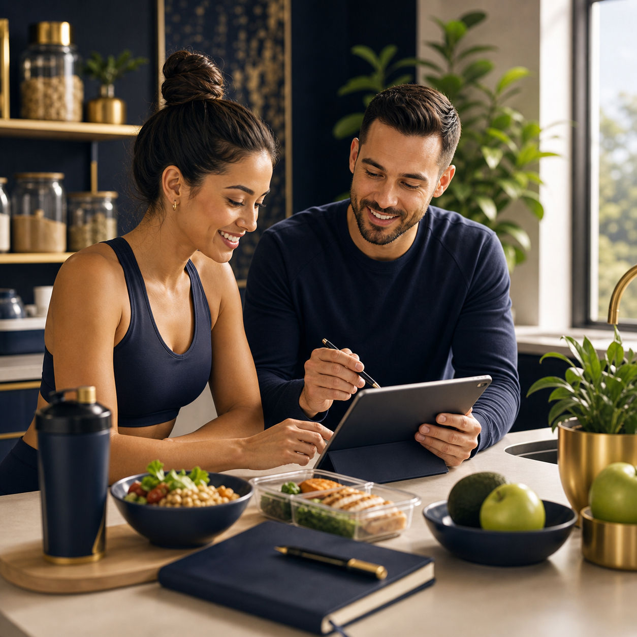 Wellness coach reviewing fitness and nutrition options in a premium marketplace setting