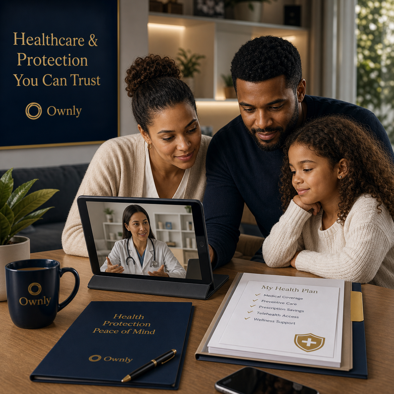 Family reviewing healthcare and protection options in a premium marketplace setting