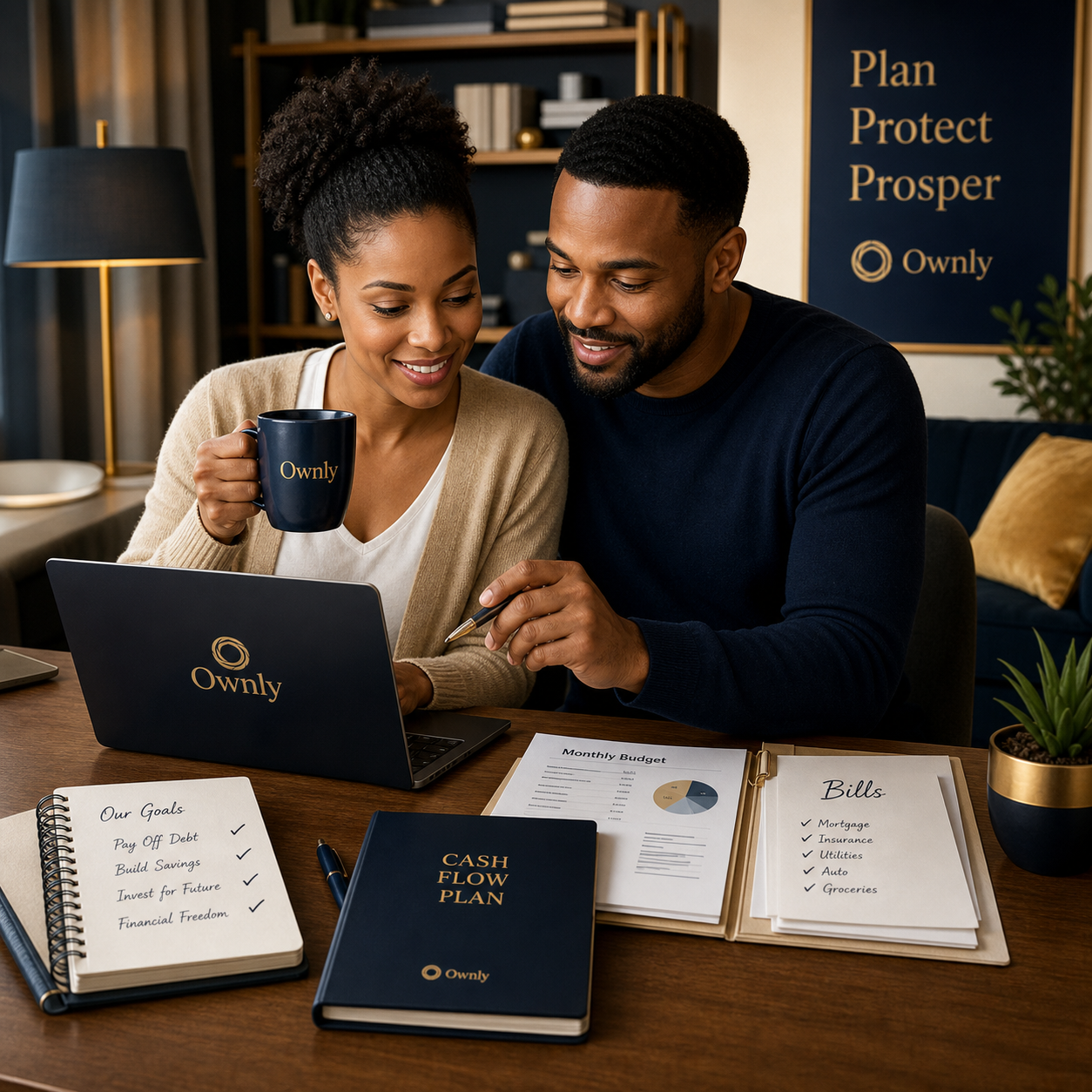 Family reviewing financial options and goals on a laptop