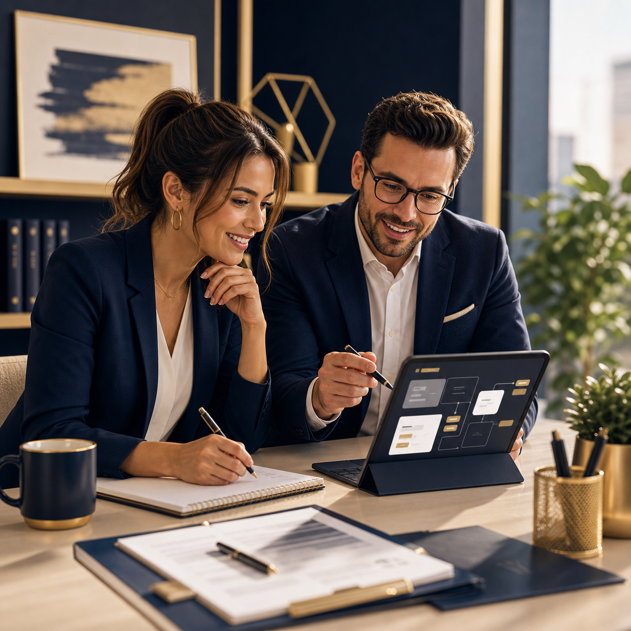 Sales professional reviewing pipeline options in a premium marketplace setting