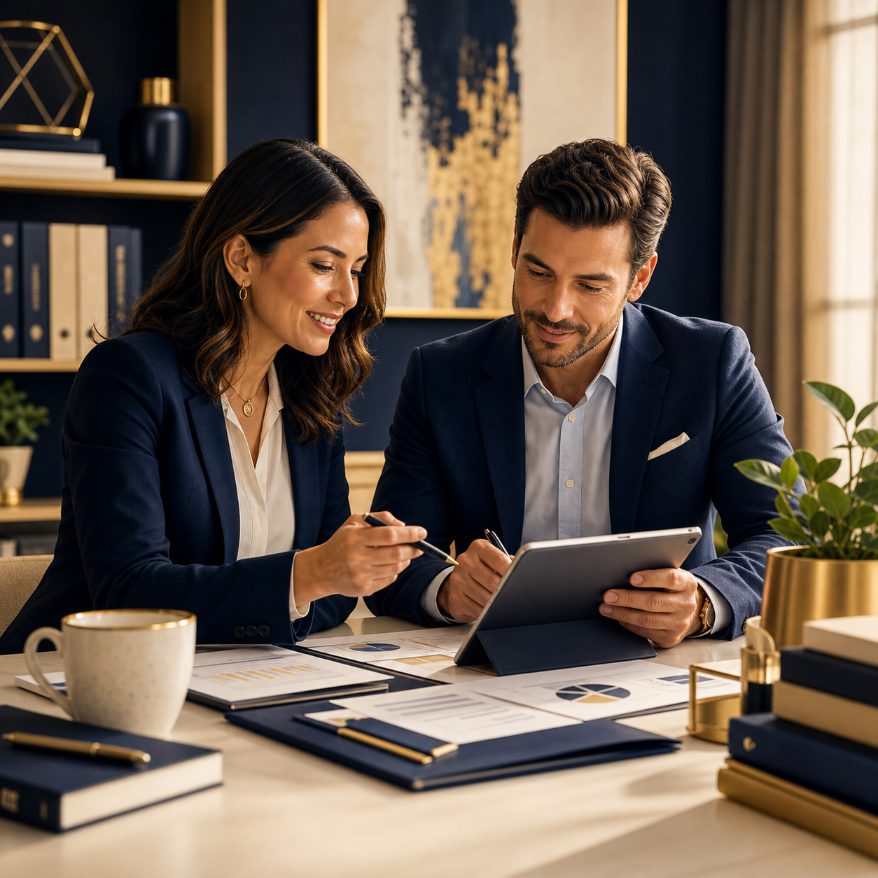 Business owner reviewing tax and structure documents in a premium marketplace setting