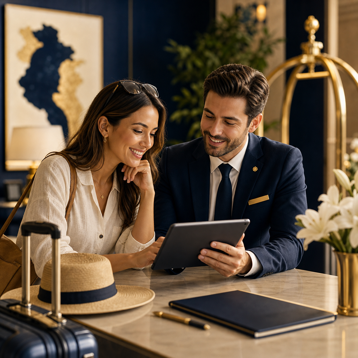 Hospitality professional reviewing guest experience options in a premium marketplace setting