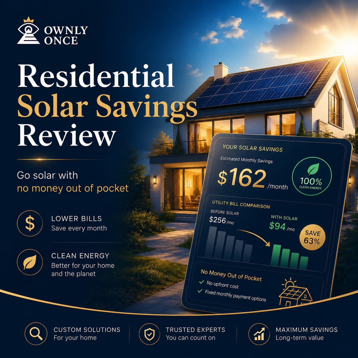 Residential solar savings review graphic with home solar panels